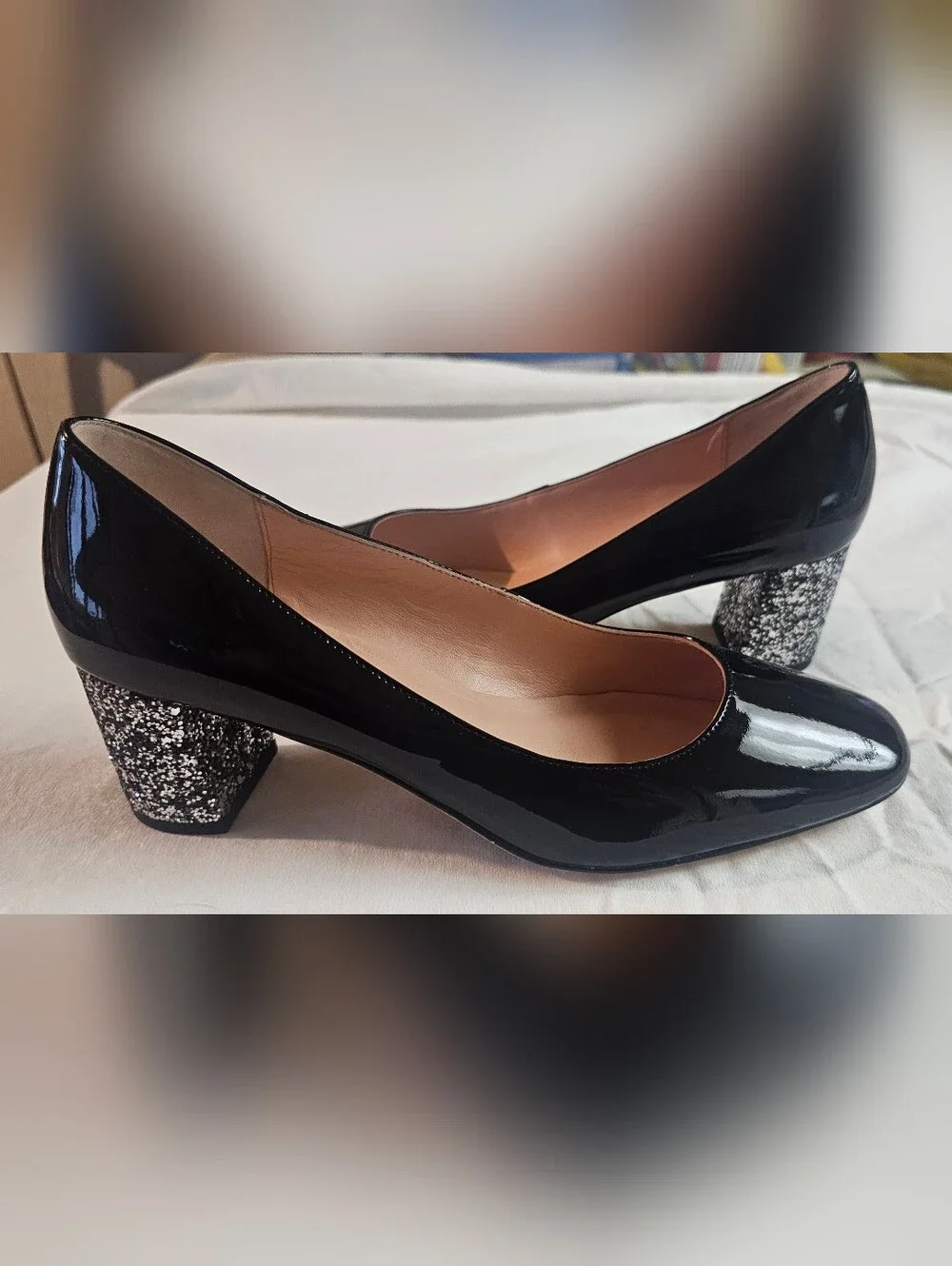 Kate Spade New York Dolores Patent Leather Pumps with Glitter Block Heels